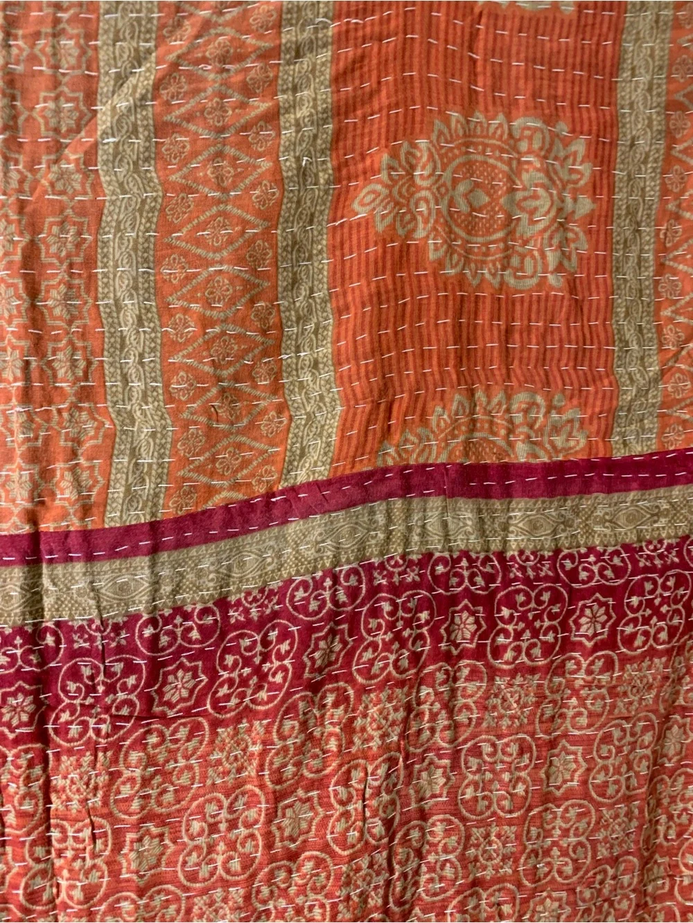 Handmade Kantha Quilt Twin Size Recycled Sari Cotton Blue Gold Orange Red